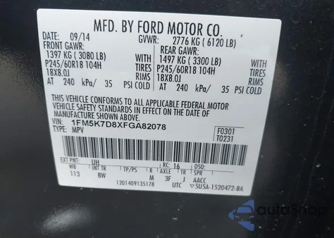 2015 Ford Explorer Xlt z USA, uszkodzony, nr VIN 1FM5K7D8XFGA82078